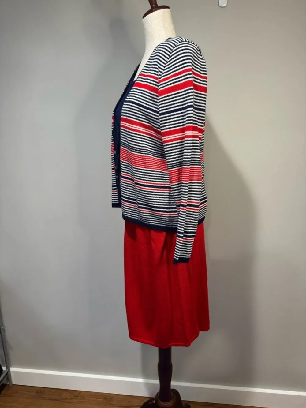 San Remo Vintage Knit Skirt Set Red Navy Striped Cardigan & Shell Petite S/M